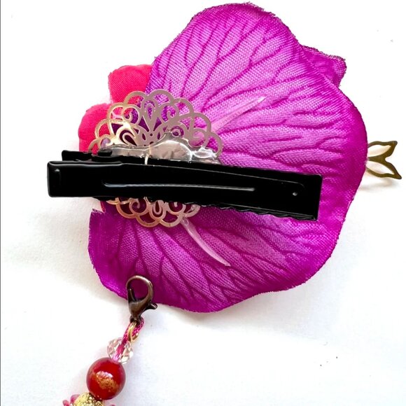 Artist Made ECSTATIC Pink Red Party Festival Rave Flower Hair Decor Clip Tassel - Picture 6 of 7